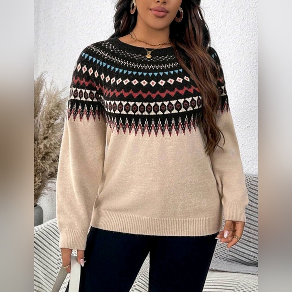New Fair Isle Knit Sweater Top Pullover PLUS Cream Black Blue - Picture 3 of 8